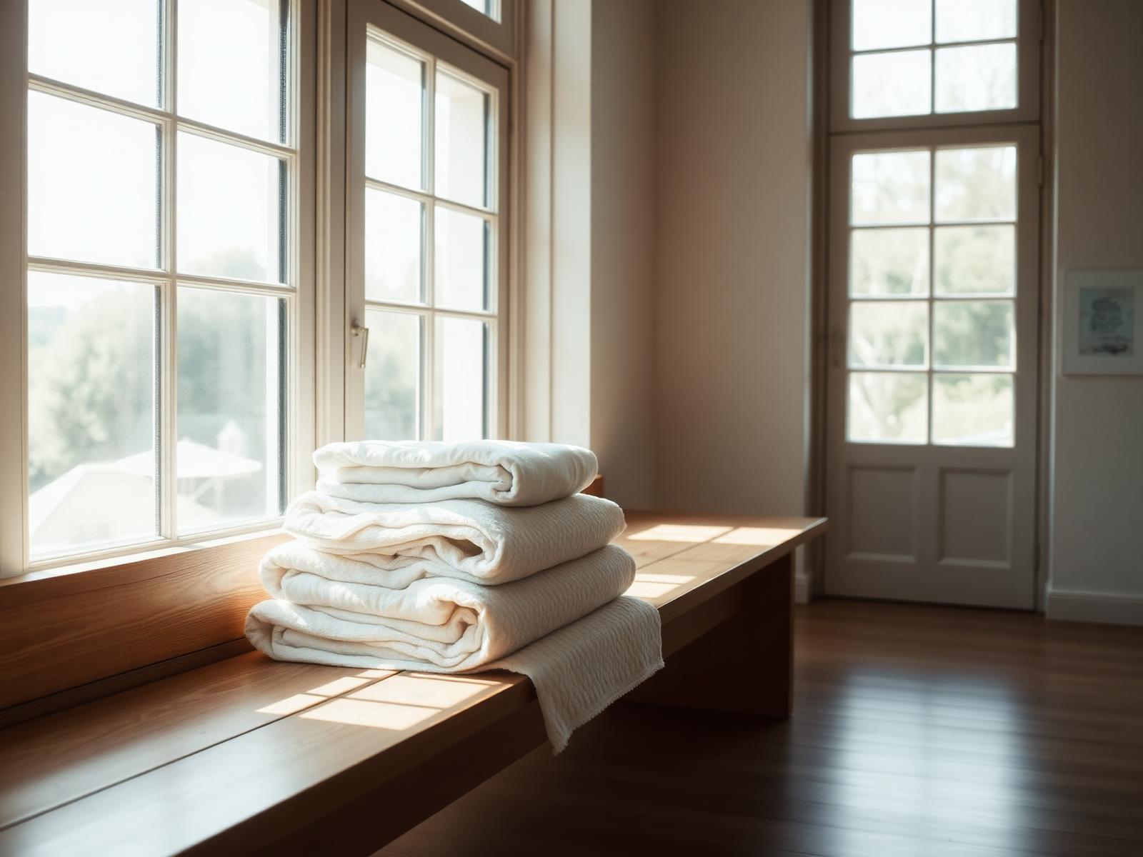 Fresh folded linens catching morning light on a wooden bench